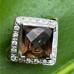 Ross-simons sterling silver 5ctw square-cut smoky quartz cz gemstone halo ring